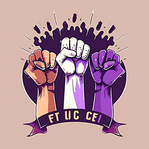 flat vector art, logo for book club, three cat paws in the air, white fist, brown fists, black fist, book, purple, magic