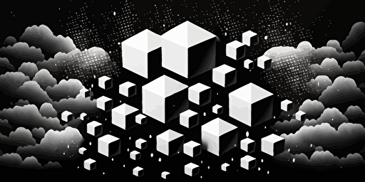 minimalist, vectorized, white and black colors, print layer , delicacy, elegant, polygon cloud and cubes, dark background