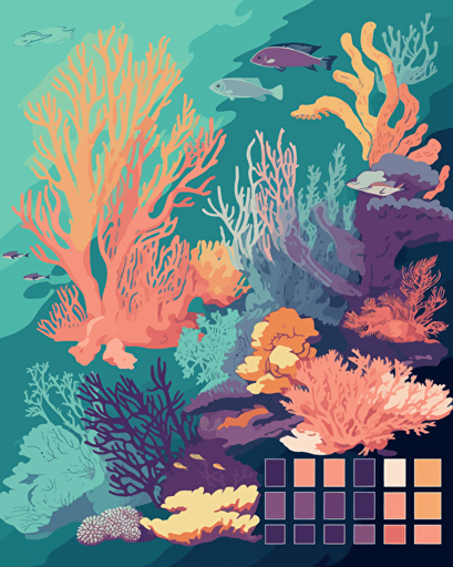 reef, retro aesthetics, vector image, sticker design, pantone color scheme: 12-1706 TCX, 12-0824 TCX, 15-0146 TCX, 15-1164 TCX, 16-6340 TCX, 17-4247 TCX, 18-2043 TCX, 19-6026 TCX. The final piece should exude a warm, holiday-like ambiance.