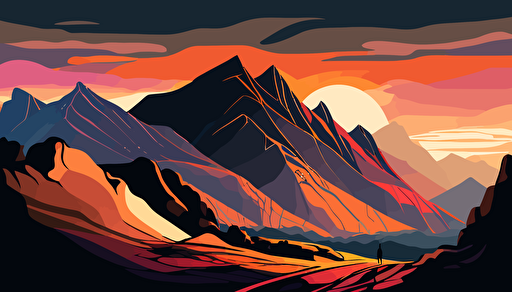 craggy mountain landscape, sunset, vector illustration style,