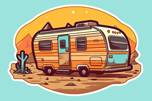 2d illustration, desert 1970's trailer simple vector colorful sticker