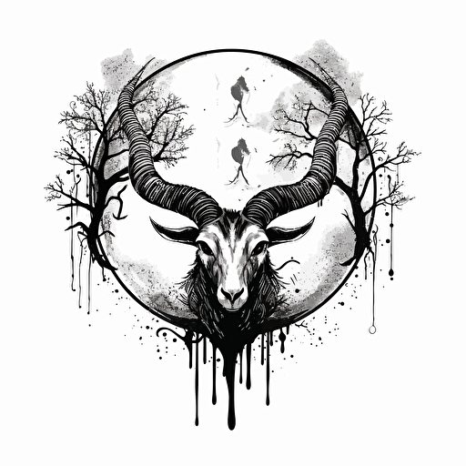 flat vector logo, black and white, ink style, cresent black moon, black stylized moon, goat eye, moon, tree black tears, with the word: volva