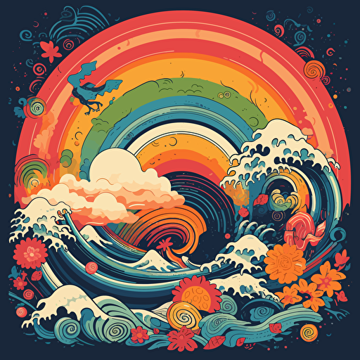 vibrant rainbow 2d vector art ukiyo-e logo
