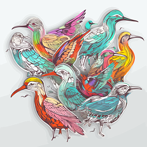 birds, Sticker, Energetic, Tertiary Color, light art style, Contour, Vector, White Background, Detailed
