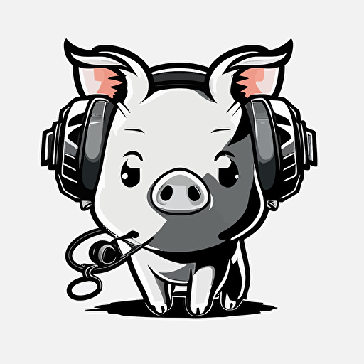 mascot logo of a pig with earphones, esports style, black and white, 2D vector logo, flat, white background,