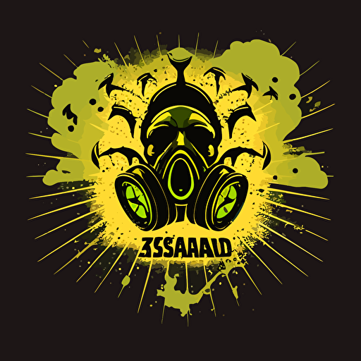 biohazard symbols raining down from the sky with a gas mask at the center, vector logo style
