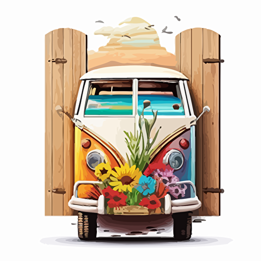 logo, white background, vector, wood doors station wagon, beach elements, flowers, sunny day, very colorfull, v5