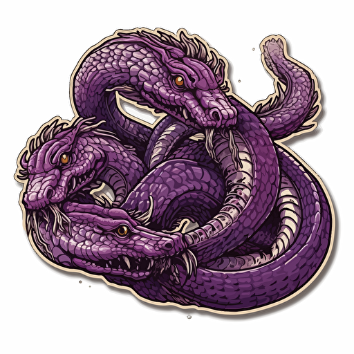 three-headed hydra sticker, vector art, white background, purple tones, no image noise, hyper detailed, maximum detail