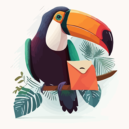 vector illustration of smiling toucan with an envelope, for customer support online course, no background color, friendly and appealing, colorful