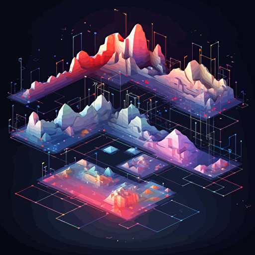 visualize data connection map as geometric overlap, isometric, vector shapes, nature terrain theme, magical