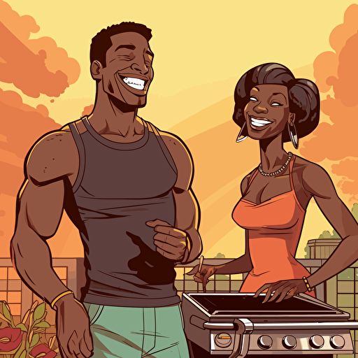 dojinshi manga style, black flirty couple, summer BBQ ,black busty lady wearing a bikini, black man extremly muscular, laughing, flirty, sexy, they stand confidently in front of a grill, iconic, Atlanta, Georgia, warm and earth tones, vector, high res, art directed by Art Paul