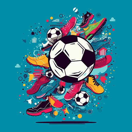 Create a vector image illustration with a soccer theme that depicts various elements such as soccer balls, sneakers, soccer players, and trophies floating in the air. Use bright and vibrant colors and add a thin black outline to the elements to make them stand out. Make sure that the image captures the energy and excitement of a soccer game while showcasing the various elements in a fun and engaging way