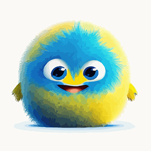 A gorgeous yellow and blue baby fur sphere, smiling, white background, vector art , pixar style