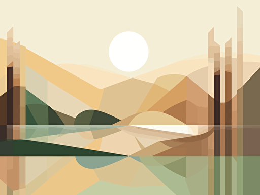 A captivating vector illustration featuring an abstract landscape, effortlessly blending minimalism with natural elements. This picturesque scene is composed of geometric shapes that represent mountains, valleys, and a calming body of water, all enveloped in a soothing color palette of earthy pastels. The harmonious arrangement of these elements exudes a sense of serenity and balance, making it an ideal companion piece for the first canvas in this contemporary collection. Captured with Adobe Illustrator, this artwork showcases a masterful use of gradients and layering techniques, further emphasizing the tranquil atmosphere. The canvas is set to a 4:3 aspect ratio, providing a consistent visual experience.