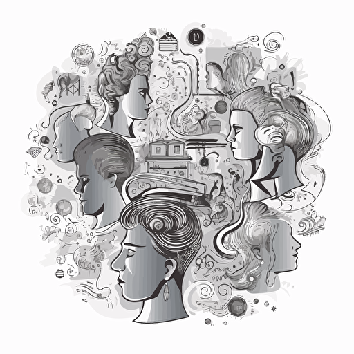 Emotional intellect, illustration, black and white vector style, volumetrically drawn figures, business coaching context