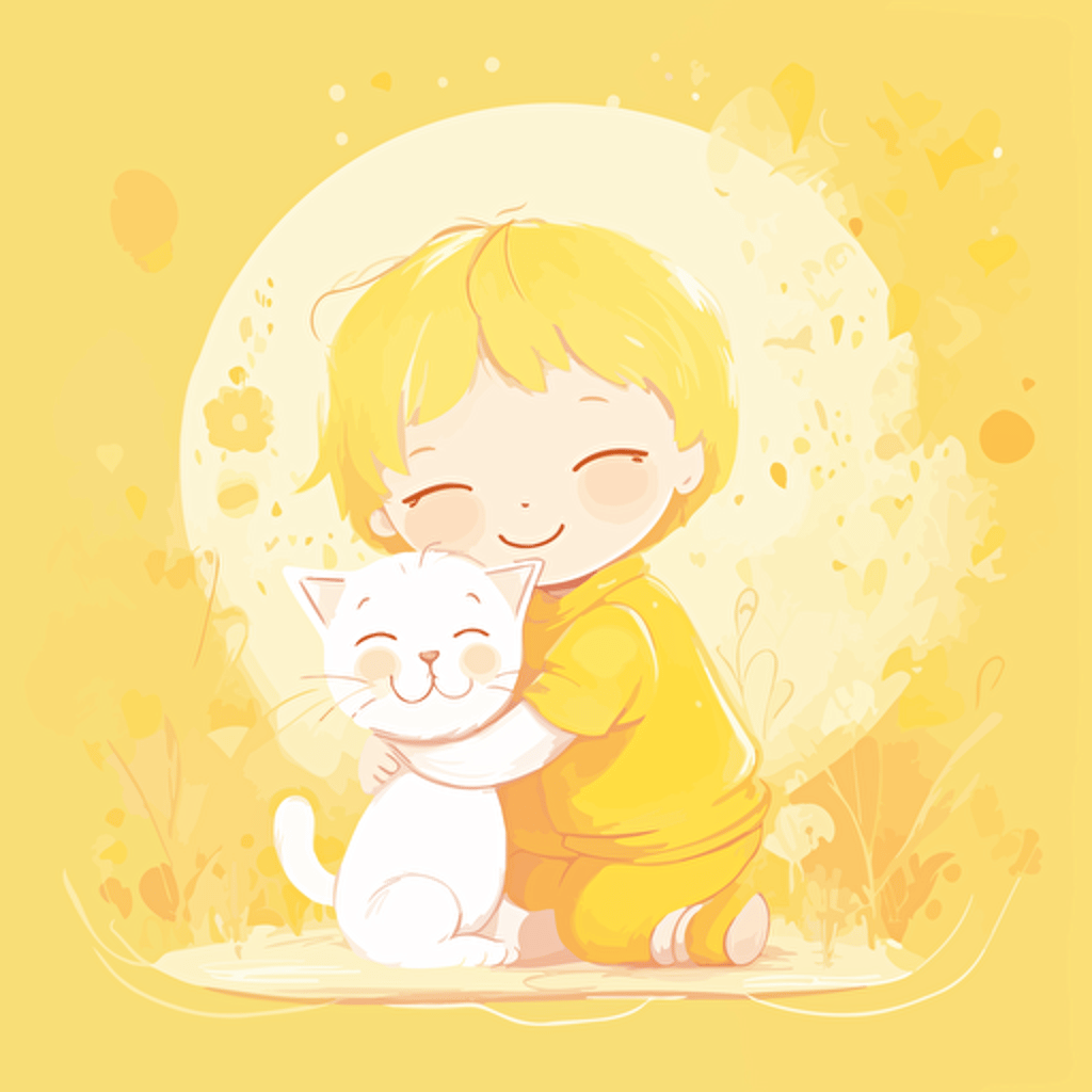 child illustration, big, vector, background white, cat, littlr cat, light yellow, smile, happy, joy, child 6144x6144