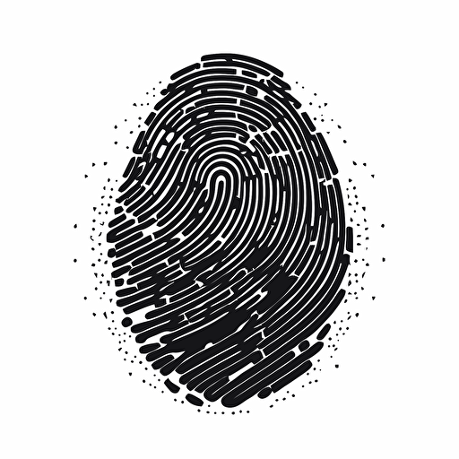 a futuristic pictorial iconic logo of a fingerprint interlaced with circuits, black vector on white background.