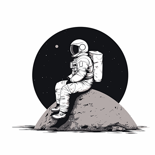 vector image of an astronaut sitting on the moon, black, white background, minimalist, vector, illustrator, simple, clean, small