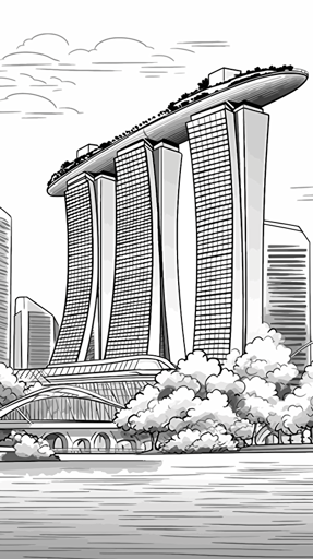 Singapore iconic architecture ignorant style No Shadow. Cartoon. Coloring page. Vector. Simple.
