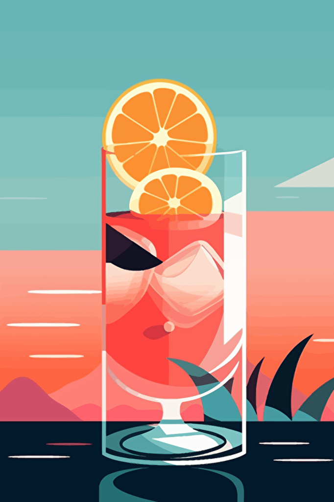 gin and tonic vector art, 1980s poster, pretty colours, geometric minimalism