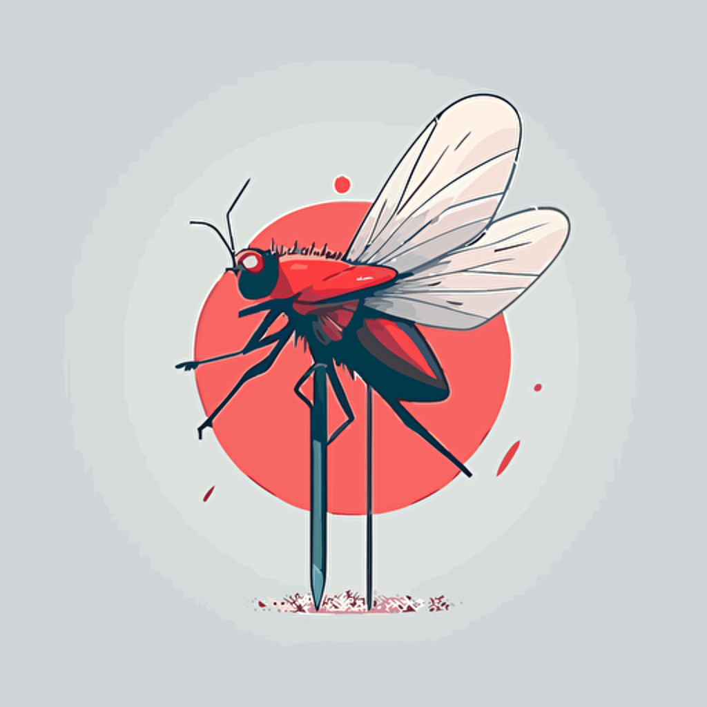 vector art logo of housefly with legs holding thin pole. Red palette. Minimal style.