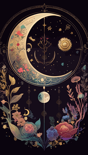 colorful flowers moon arch phases and astrology symbols vector art, in the style of geometric symmetry, futuristic victorian, astronomical elements, weathercore, scientific diagrams, ambiguous space,