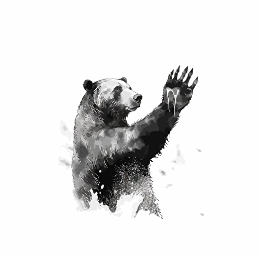 bear making a hang ten symbol with one paw, black and white illustration, simple vector, white background ::blob brush style
