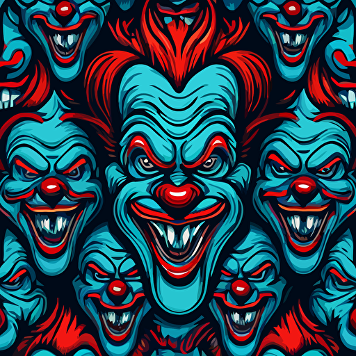 a seamless scary clown pattern with stephen kings it included in a cartoony vector style using neon saturted colours