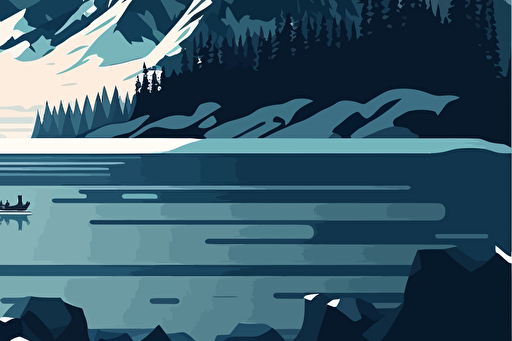 mountain with lake, landscape, vector art, simple design, template, flat design, blue shades, cold weather, snow, ice