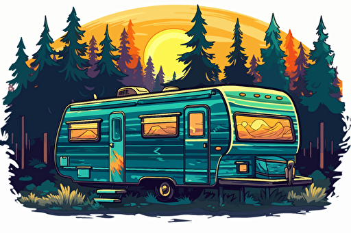 2d illustration, forest 1970's trailer simple vector colorful sticker