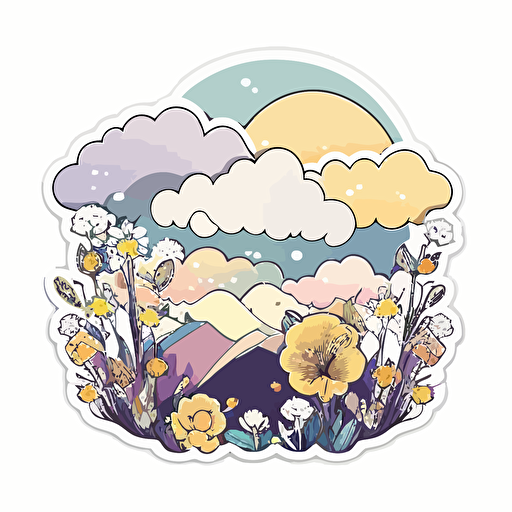 vector sticker design, transparent background, kawaii cute style, yellow and purple pastels wildflower field against blue sky, with clouds