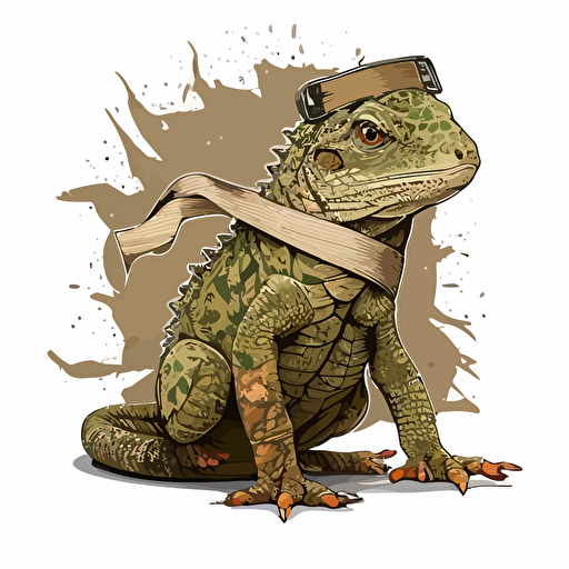 sticker design, lizard in army uniform with bandage, vector illustration