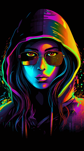 female hacker, black background, radiant vibrant colors, simple vector