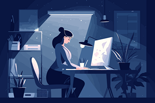 person working in office, flat style illustration for business ideas, flat design vector, industrial, light and magical, high resolution, entrepreneur, colored cartoon style, light indigo and dark indigo, cad( computer aided design) , Lois van baarle, white background