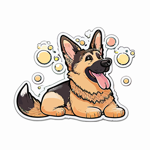 cute happy german shepherd dog, kawaii, 2d vector sticker design, contour, white background