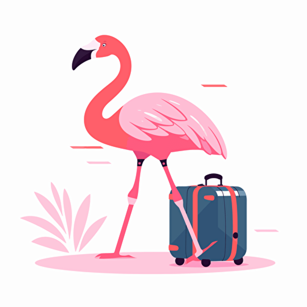 Vector art of pink flamingo traveling with suitcase or backpack, simple, modern, flat colors, flat, vector art pack, organized in a grid, clean white background