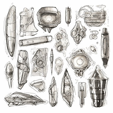 art journal pages, pen and ink, Collection of futuristic cut jewels, cyber punk, translucent, shiny object, high detail, symmetrical, vector, sketch, white background