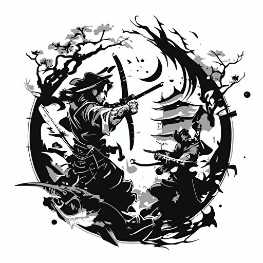 vector sketch, infinite dragons fighting samurai warrior, center composition, black and white