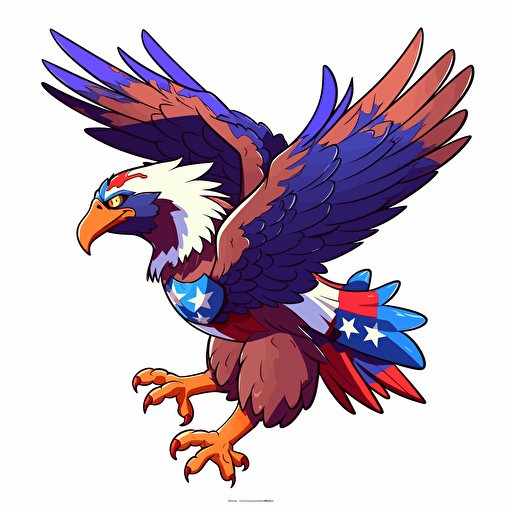 bald eagle in an attack pose, dressed as the american flag, looking very patriotic, vector sticker cutout white background