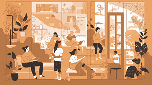 vector art of young 20 to 30 year old people inside a coliving space, men and women having fun and laughing, plants, books
