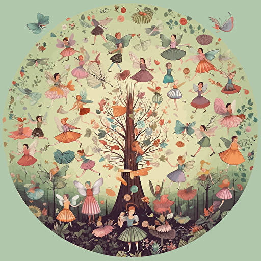 design of many fairies flying around an enchanted forest, cute, whimsical, for kids, in pastel hues, highly detailed, vector