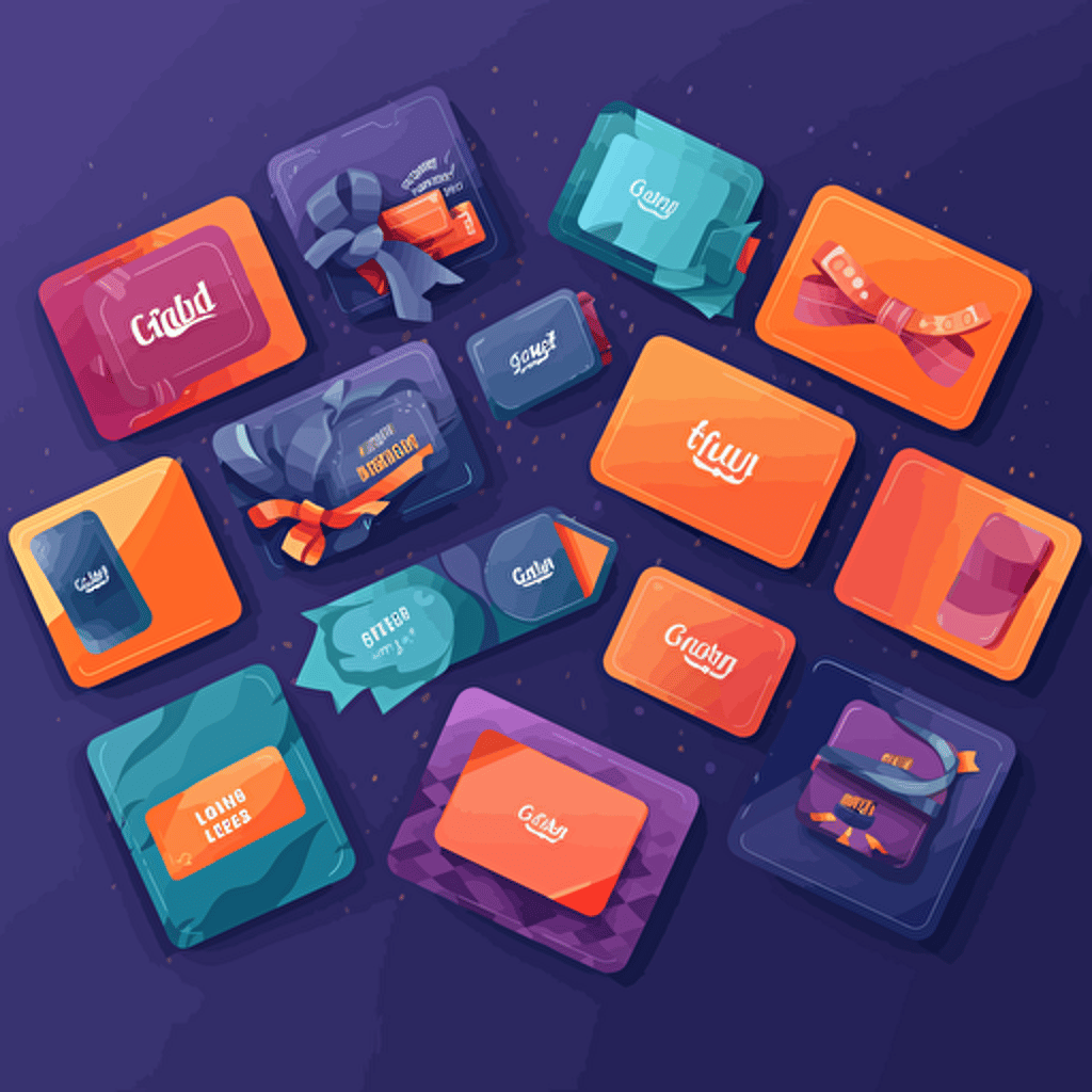 a vector image of a bunch of gift cards ultra modern using dark purple-blue as the background color, along with pops of orange green and blue. it should show a bunch of gift cards with movment and trust