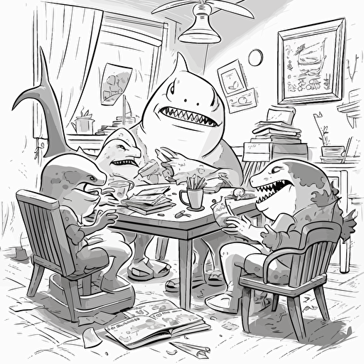 Sharks family: daddy shark, mummy shark, 2 little boys sharks. Morning breakfast. All of them sit around the table, eating sandwiches, drinking tea. Daddy shark reads a newspaper. , Hand-Drawn, Pencil Art, pixar style, simple outline and shapes, coloring page black and white comic book flat vector