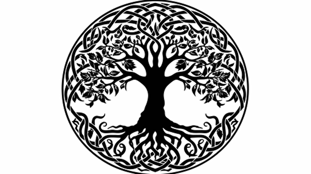 Celtic Tree of life rug design, simple shapes, spooky theme, vector, bordered, fill frame