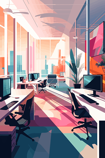A modern open-concept office space, collaborative workstations, sleek furniture, natural light, Adobe Illustrator, Wacom tablet, morning. Vector illustration, RGB color mode.