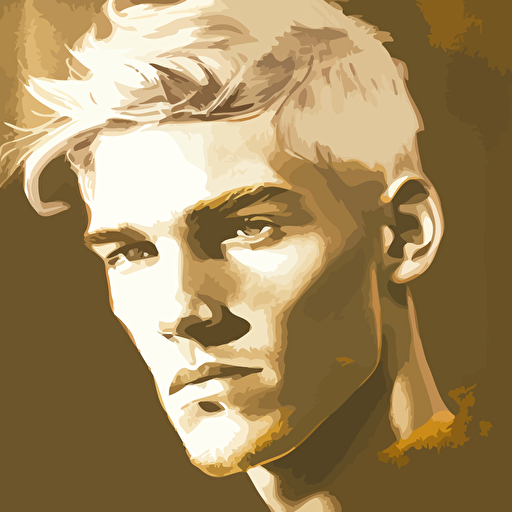 Young man, brown eyes, tapered dark autumn gold hair, no other distinctive features, focused stoic demeanor, meditation, headshot, muted colors, simplistic, vectorized, pencil sketch