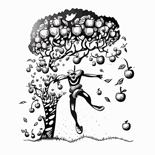 boywesring shorts flying over tall and skinny tree, with branches that twisted and turned in every direction. Black and White vector illustration. Cheerful image with magical fruit around