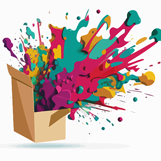 a flat mailer box exploding with creativity, white background, vibrant jewel tones, cartoon style, vector art