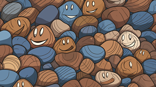 a vector design mostly blue and brown for a place called happy clam land showing happy clams on a maine bayfront rocky shoreline