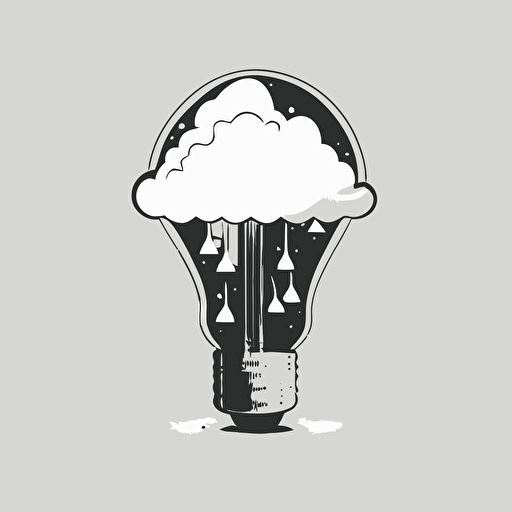 simple lightbulb half filled with liquid with cloud wrapped around it, black and white, vector, flat, svg